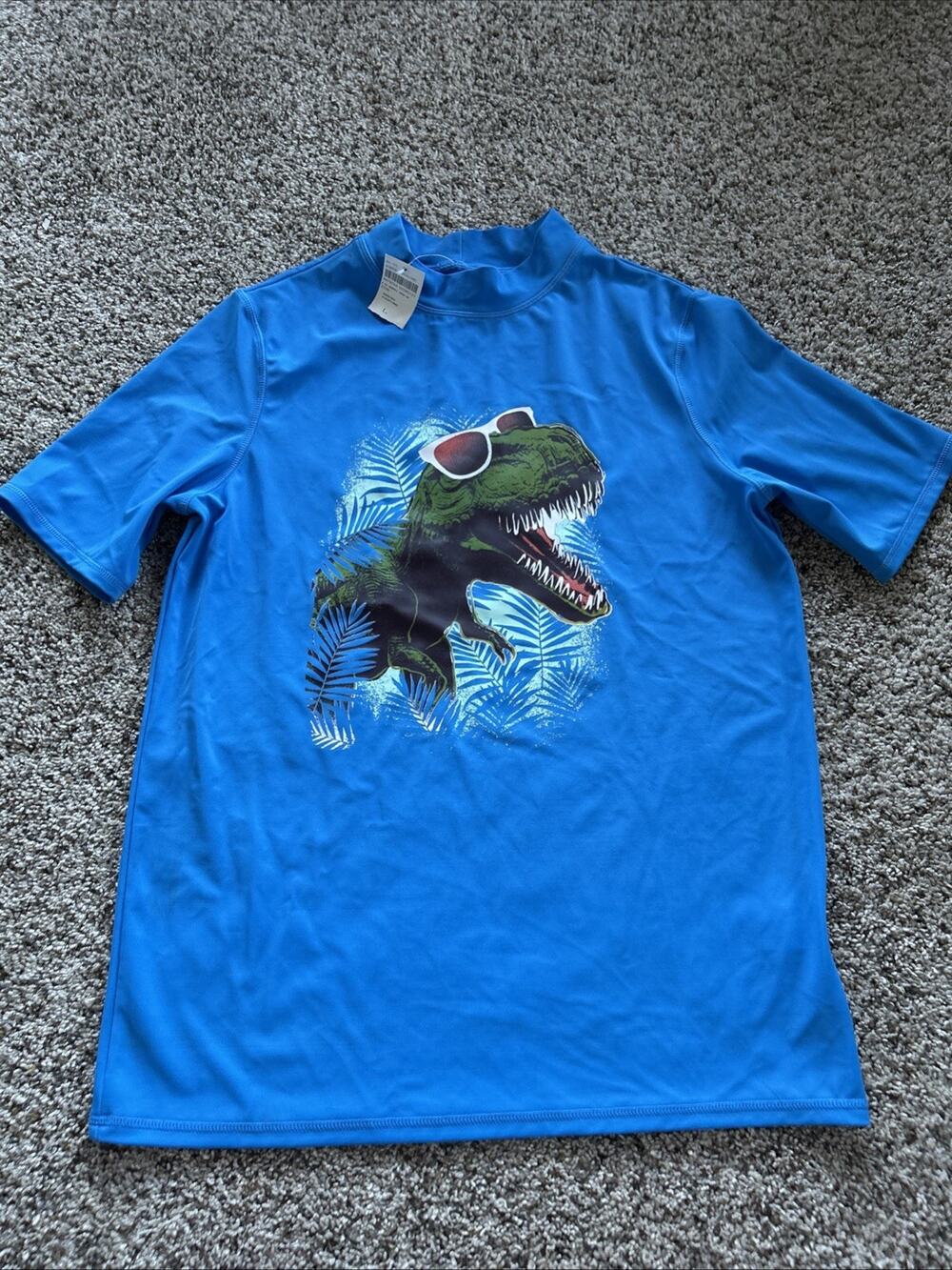 NEW Lands End size L 14-16 Boys Swim Shirt Rash Guard Blue Dinosaur Graphic F26